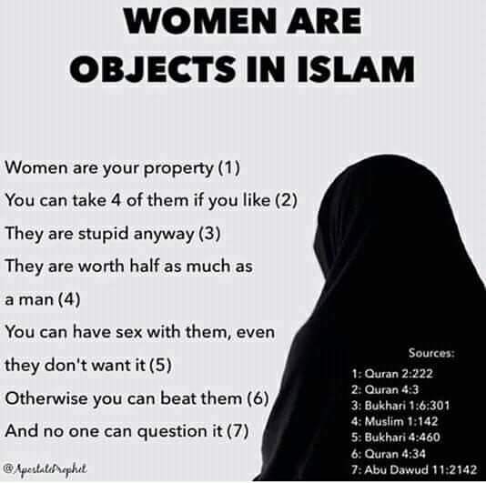 Women are objects in islam: Women are your property (quran 2:222) you can take 4 of them if you like (quran 4:3) they are stupid anyway (bukhari 1:6:301) they are worth half as much as a man (muslim 1:142) you can have sex with them, even they don't want it (bukhari 4:460) otherwise you can beat them (quran 4:34) and no one can question it (abu dawud 11:2142)